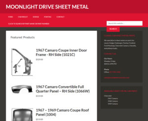 image of moonlightdrivesheetmetal.com home page, wordpress website with product catalog