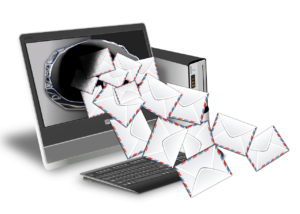 image of envelopes coming out of a laptop to illustrate spam email